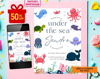 Invitation d'anniversaire sous la mer, invitation sous la mer, invitation sous la mer, invitation d'anniversaire de baleine, invitation sur le thème de l'océan garçon,