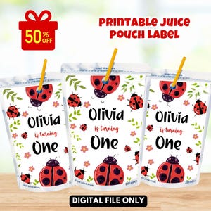 May include: Printable juice pouch labels with a ladybug theme. Each label reads "Olivia is turning One" with ladybug and floral illustrations. The labels include a straw and are marked "200 ml e". A red gift box with "50% OFF" is in the upper left.