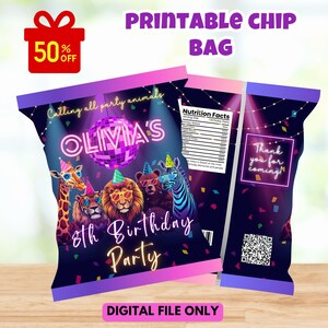 May include: Printable chip bag design for an 8th birthday party. The design features a disco ball, party animals, and the name "Olivia's". The bag is dark blue with pink and purple accents and includes the text "Calling all party animals" and "Digital File Only".