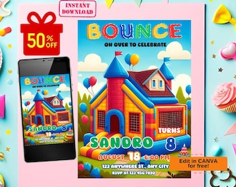 May include: A colorful birthday invitation featuring a bouncy house with a castle theme. The invitation says "Bounce On Over To Celebrate Sandro Turns 8" with the date and time of the party. The invitation also says "Edit in Canva for free!"
