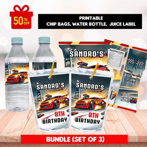 Race Cars Party Favor Template Bundle - Water bottle, juice pouch, chip bags, editable customizable template, hot cars party bundle treat