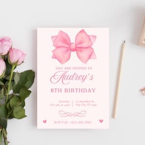 pink bow birthday invitation, pink bow invitation, coquette bow birthday invitation, pink coquette birthday invitation, bow invite, pink bow