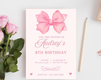 faire-part d'anniversaire avec noeud rose, faire-part avec noeud rose, faire-part d'anniversaire avec noeud coquette, faire-part d'anniversaire avec noeud rose, invitation avec noeud, noeud rose