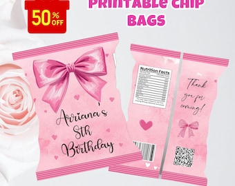 May include: Pink printable chip bag design with a large pink bow and the text "Ariana's 8th Birthday." The bag also features hearts and the text "Thank you for coming!" and "DIGITAL FILE ONLY."