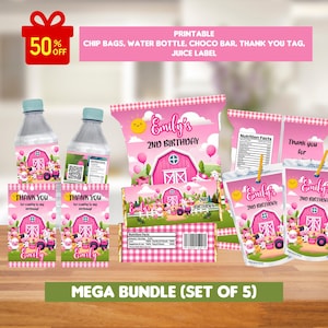 Farm Animals Birthday Party Bundle Kit, Template Printable, Barnyard animals Birthday chip bag, Barn Farm Editable labels, girl birthday
