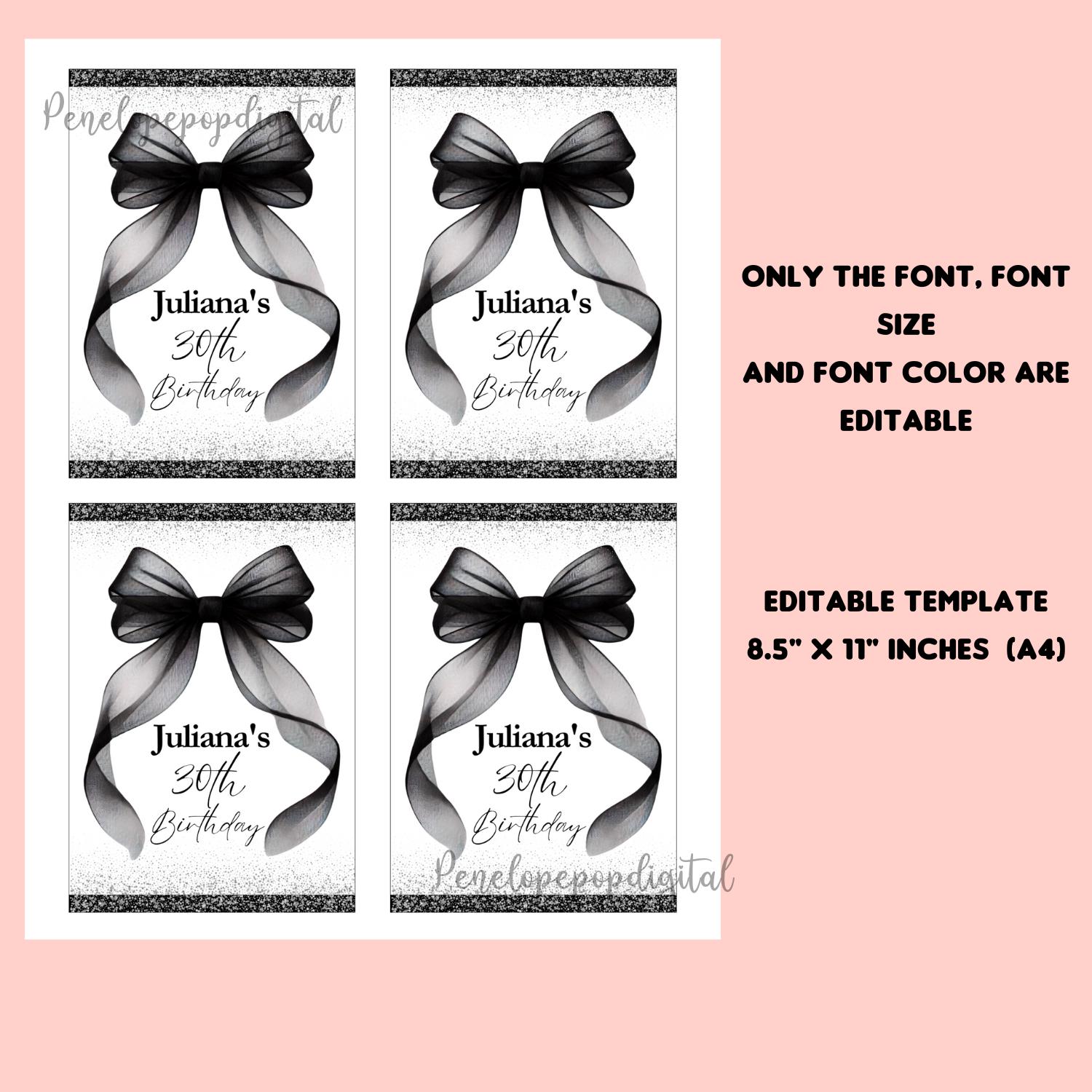 Editable Black Bow Bundle, Black Ribbon Party, Chip Bag, Water Bottle ...