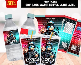 Birthday bundle Party Editable Party Favors, Chip bag, juice pouch, water bottle, template, digital download, party