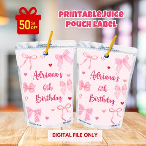 May include: Printable juice pouch label with a pink and white design. The label features a pink bow, hearts, and the text "Adriana's 6th Birthday". The label is designed for a 200 ml pouch.