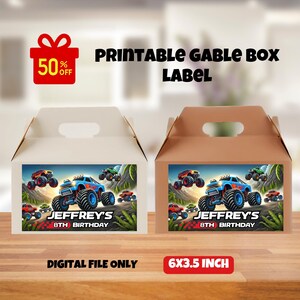 Könnte beinhalten: Druckbare Gable-Box-Etikett mit Monstertruck-Design und dem Text "Jeffrey's 8th Birthday". Das Etikett ist 6x3.5 Zoll groß.