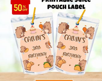 Editable Capybara juice pouch label template, printable capybara capri sun label, capybara birthday party favor, Canva Digital download