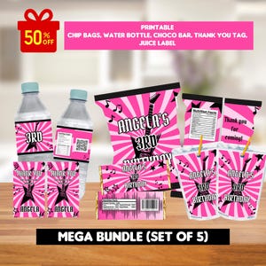 Rock Star Party Bundle Printable Template Rock and roll birthday full Package Pack, chip bag, water label, juice label, chocolate, favor tag