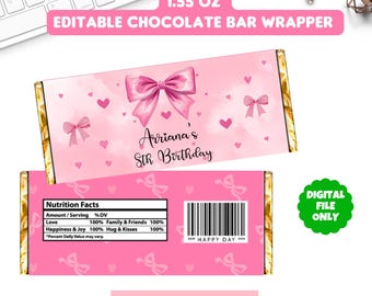 Coquette Pink Bow Chocolate Wrapper Template, Pink Ribbon Birthday Party Candy Bar Wrapper, printable pink bow chocolate wrapper, digital