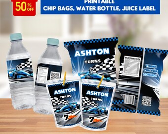 Rennauto-Partybevorzugungs-Bündel, bearbeitbarer Chip-Beutel, Wasser, Saft (digitaler Download)