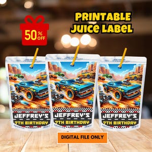 May include: Three printable juice box labels featuring a cartoon race car design. The labels are white with a checkered flag pattern and the text "JEFFREY'S 7TH BIRTHDAY".