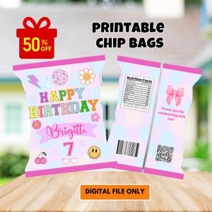 May include: Printable chip bags with a pink and blue checkered background. The front of the bag has a colorful happy birthday design with the name Brigitte and the number 7. The back of the bag has a nutrition facts label and a thank you message.
