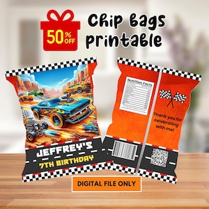 Stampabile Hot Race Car Wheels Chips Bag, Racing Car Snack Wrapper, sacchetti di patatine, bomboniera per feste di compleanno per bambini, Hot Car Chip Bags modificabili