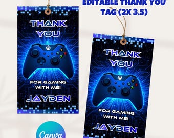 Editable Gaming Birthday Tags Video Game Thank You Tag Template Video Game Birthday Favor Tags Gaming Party Tags Game On Neon Gamer
