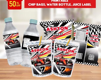 Bearbeitbares rotes Rennauto-Party-Bundle, rote Rennauto-Chip-Tasche, Saftetikett, Wasseretikett, Party-Pack, digital, Rennwagen-Geburtstagsfeier-Bundle