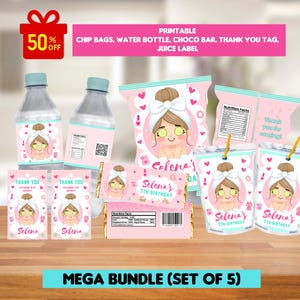 May include: Printable party favor labels featuring a cartoon girl with a spa headband and cucumber eye patches. The labels are pink and white with the text "Selena's 7th Birthday" and are designed for chip bags, water bottles, juice boxes, chocolate bars, and thank you tags.