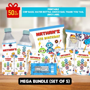 Op de afbeelding: Een set printbare feestartikelen met een robotthema. Inclusief waterfleslabels, chipszakken, saplabels en een chocoladereepverpakking. De tekst luidt "Nathan's 6th Birthday" en "Thank You For Coming!"