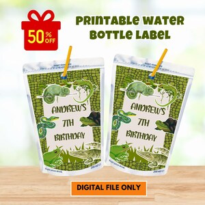 May include: Printable water bottle labels with a reptile theme. Each label features a green background with illustrations of a chameleon, snake, turtle, frog, and alligator. The text reads "ANDREW'S 7TH BIRTHDAY" and "Fruit juice drink 200 ml". A red gift box shows "50% OFF".