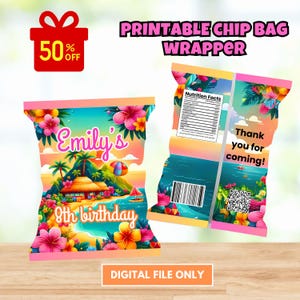 editable Luau chip bag wrapper,  Hawaiian birthday Printable Chip bag , Luau Tropical Chips wrapper , Luau Tiki Party Potatoes , Luau Favors