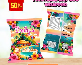 editable Luau chip bag wrapper,  Hawaiian birthday Printable Chip bag , Luau Tropical Chips wrapper , Luau Tiki Party Potatoes , Luau Favors