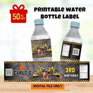 May include: Printable water bottle label with a construction theme. The label features a yellow excavator, a grey concrete background, and the text "CARLO'S 3RD BIRTHDAY".
