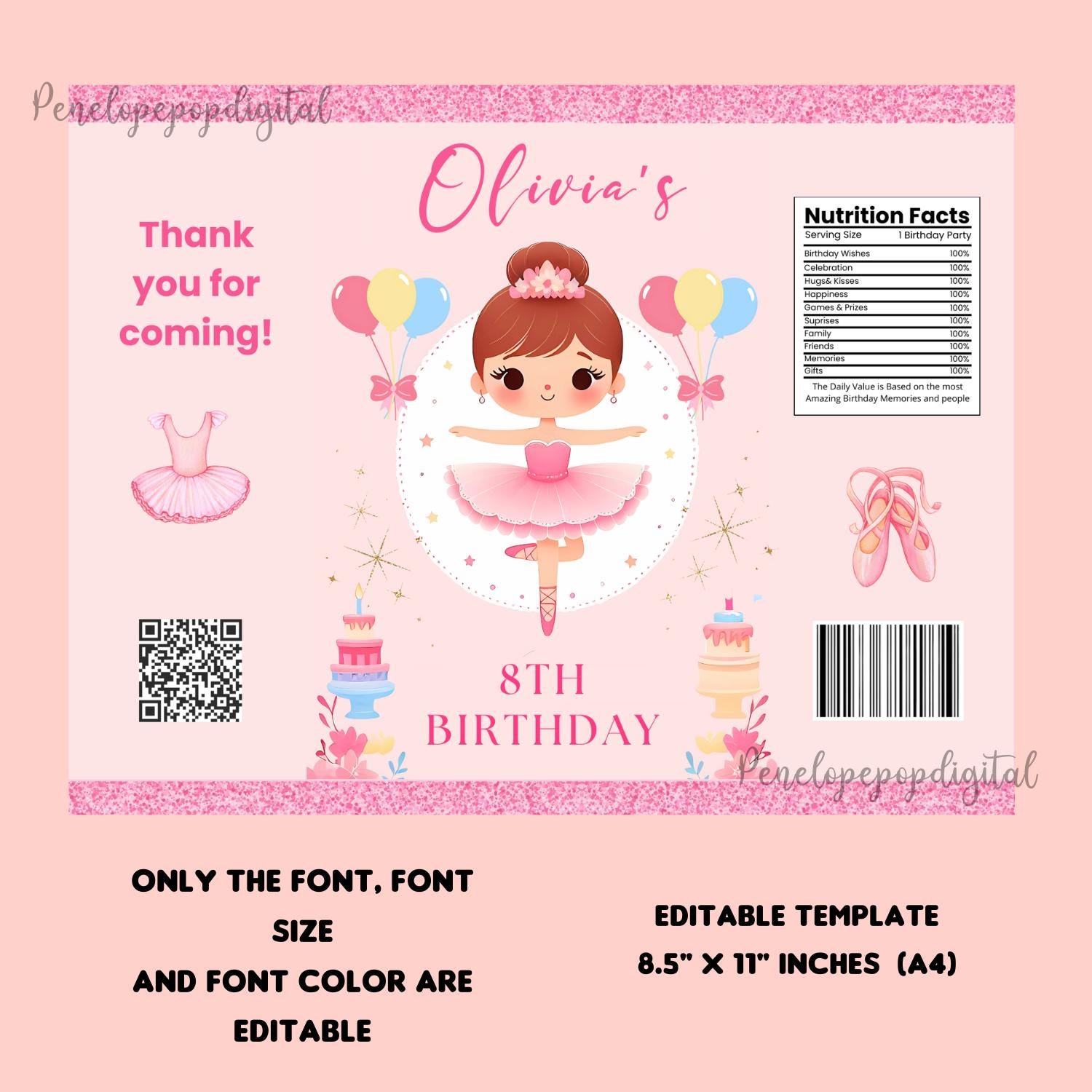 Editable Ballerina Chip Bag Wrapper, Pink and Gold Ballet Birthday ...