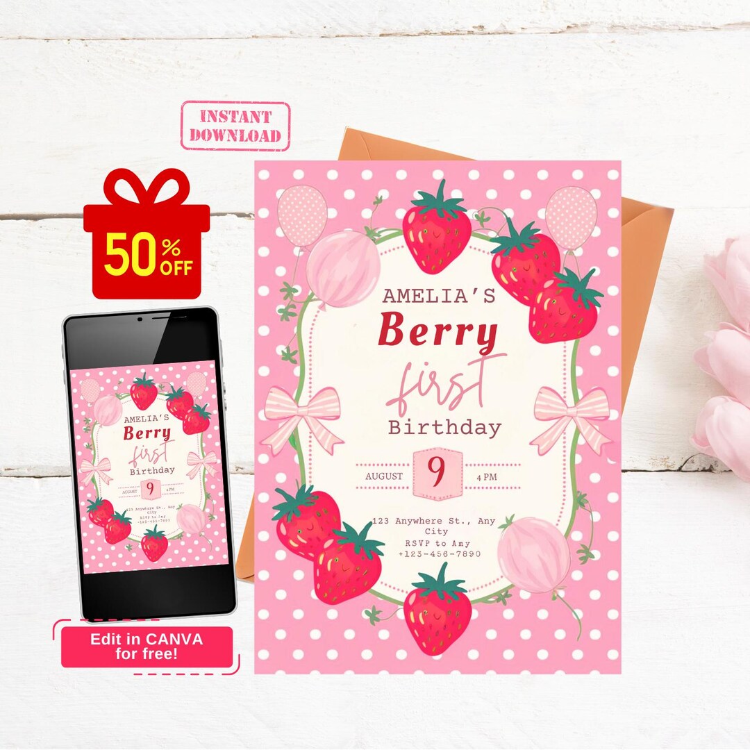 Editable Strawberry Birthday Invitation First Birthday Berry Sweet ...