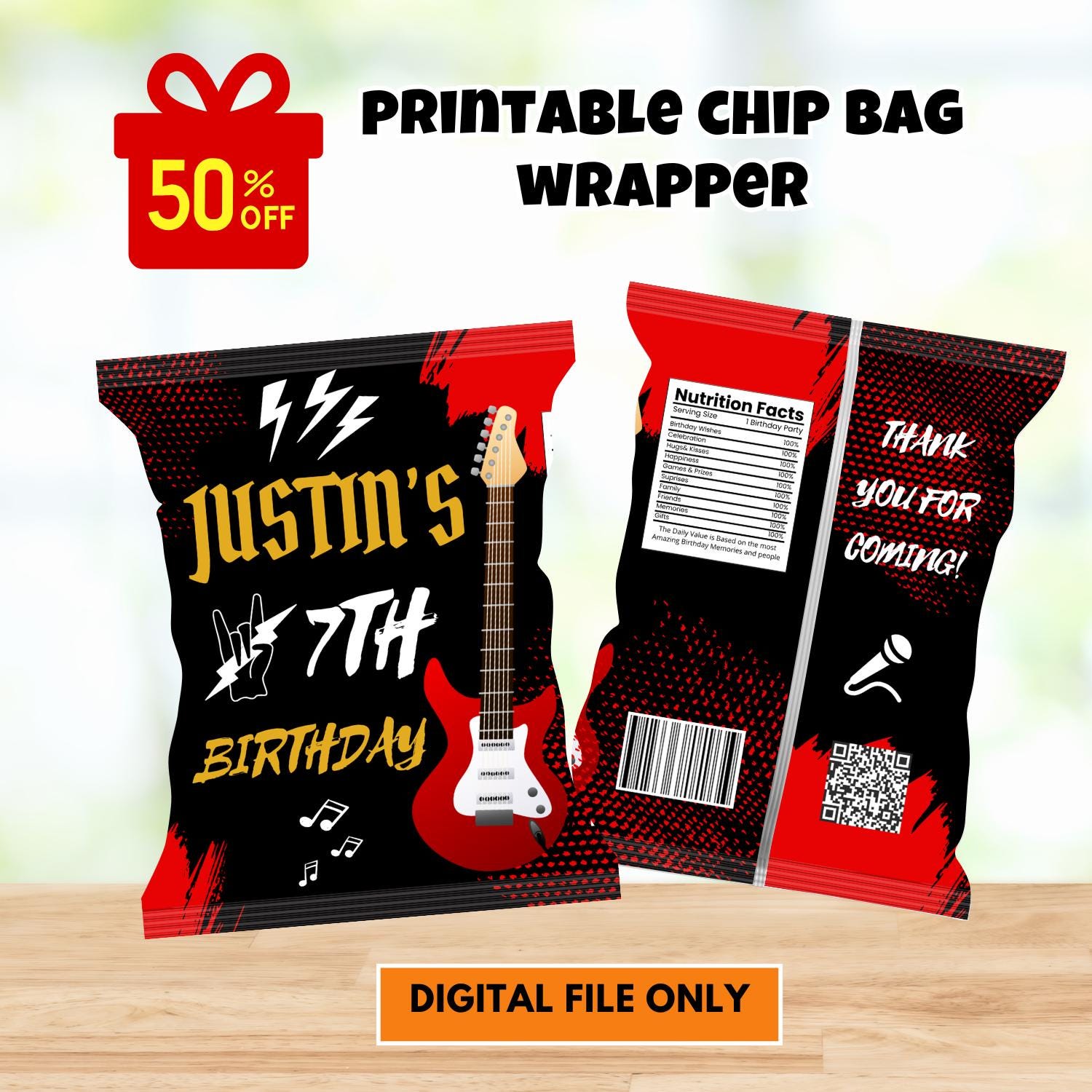 Editable Rock star Birthday Party chip bag, Template Printable, Rock n roll Party chip bag, Guitar Rocker Editable chip bag, digital