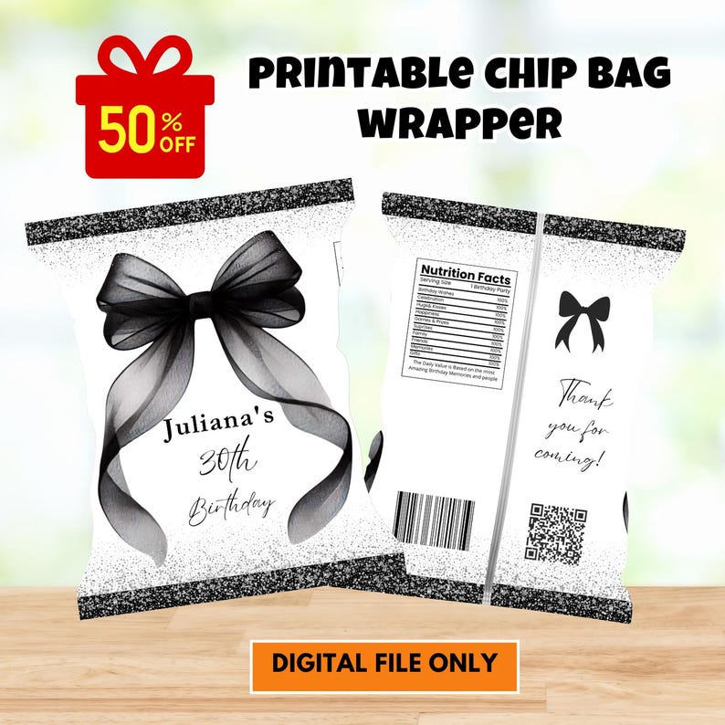 Printable Black Bow Chip Bag Wrapper Labels Coquette Black Ribbon ...