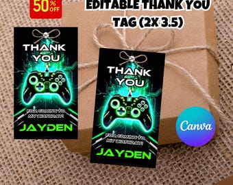 Editable Gaming Birthday Tags Video Game Thank You Tag Template Video Game Birthday Favor Tags Gaming Party Tags Game On Neon Gamer