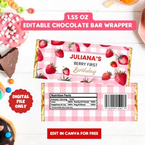 EDITABLE Strawberry Birthday Chocolate Wrapper, Girl First Birthday Candy Bar Wrapper, Berry 1st Party Favors, Printable Template