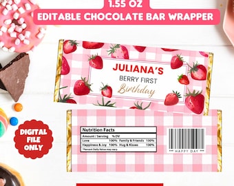 May include: Pink and white checkered chocolate bar wrapper with a strawberry design. The wrapper says "Juliana's Berry First Birthday" and includes a nutrition facts label. The text "Edit in Canva for Free" is at the bottom of the wrapper.