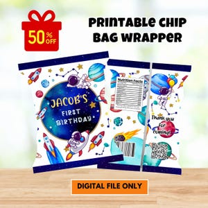 May include: Printable chip bag wrapper with a space theme. The front of the bag features a blue and white galaxy design with stars, planets, and a rocket ship. The back of the bag has a nutrition facts label and a thank you message. The bag is personalized with the name "Jacob's" and the text "First Birthday".