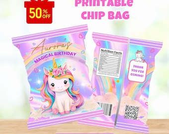 Può includere: Due modelli di sacchetti di patatine stampabili. Un sacchetto presenta un unicorno con una criniera arcobaleno e una corona floreale, la scritta "Auroras Magical Birthday". L'altro sacchetto ha un'etichetta nutrizionale e un messaggio di ringraziamento.