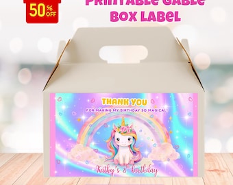 May include: A white gable box with a colorful label featuring a unicorn, rainbow, and the text "Thank You." The label also includes the text "Kathy's 8th birthday" and "Digital File Only."