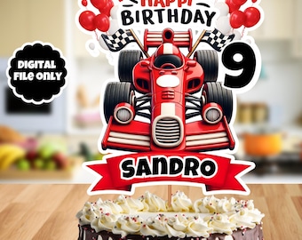 May include: A red race car cake topper with the text "Happy Birthday" and the name "Sandro". The topper includes a number 9, checkered flags, and red balloons. The cake is white with chocolate drips and frosting.