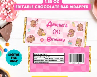 Editable Capybara chocolate wrapper template, printable capybara candy bar wwapper, capybara birthday party favor, Canva Digital download