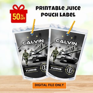 Editable Army Birthday Juice Pouch Label, War Video Game Juice Pouch Label, Military Army Birthday Theme, Airsoft Party Favor, Printable