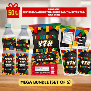 May include: A printable birthday party bundle featuring chip bags, water bottle labels, juice labels, and thank you tags. The design includes colorful block-style graphics and the text "Joshua's 4th Birthday". The set includes a choco bar label.