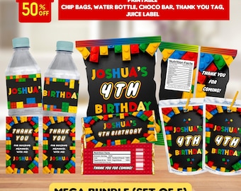 May include: A printable birthday party bundle featuring chip bags, water bottle labels, juice labels, and thank you tags. The design includes colorful block-style graphics and the text "Joshua's 4th Birthday". The set includes a choco bar label.
