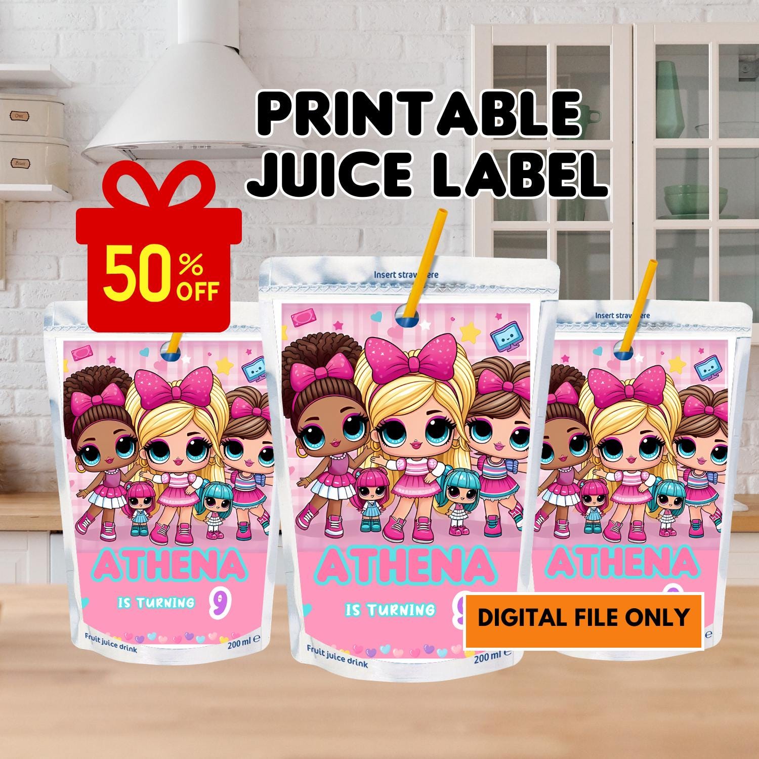 little Doll Birthday Digital Capri sun Label, Cute Dolls Birthday Juice Box Label, Editable Baby Doll Birthday, Birthday Juice Label