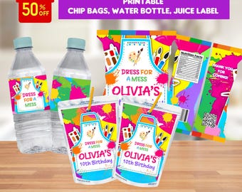 Paquete editable para fiestas de pintura, paquete imprimible, bolsa para papas fritas, etiqueta para botella de agua, bolsa para jugo, paquete imprimible para fiestas de pintura, digital