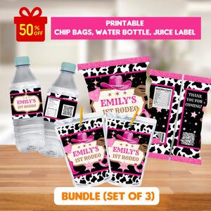 May include: A set of printable party supplies with a rodeo theme, including water bottle labels, chip bags, and juice labels. The design features a pink cowboy hat, cow print, and the text "Emily's 1st Rodeo". The bundle is marked as 50% off.