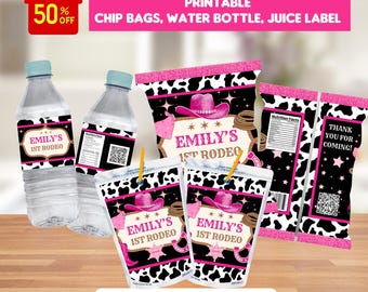 Editable First rodeo Birthday Party Bundle - cowgirl party - Chip Bag - Capri Sun labels - Water Bottle Labels - western birthday bundle