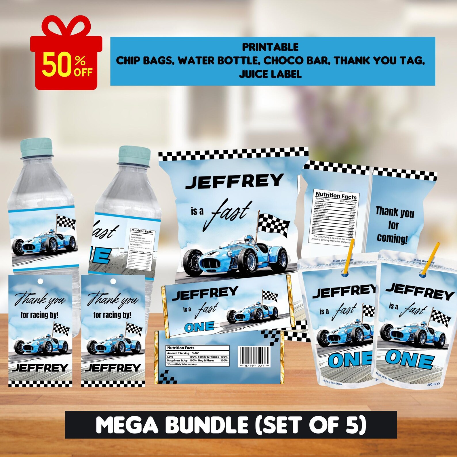 Saltstick Label Editable Blue Race Car Party Bundle, Blue Race Car Chip Bag, Juice ...