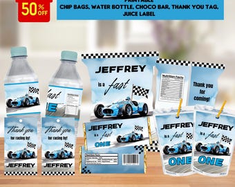 May include: Printable party supplies for a race car themed birthday party. The set includes a chip bag, water bottle label, chocolate bar wrapper, thank you tag, and juice box label. The labels feature a blue race car with the name Jeffrey and the text "is a fast one".