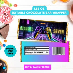 Gamer Birthday chocolate wrapper, Template Printable, Gaming Birthday candy bar labels, Canva Editable chocolate label chocolate bar wrapper